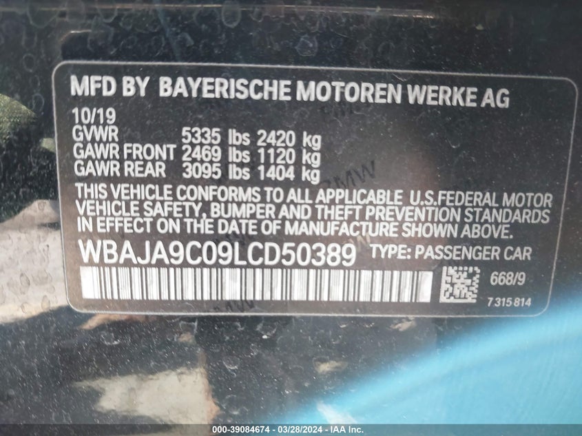 2020 BMW 530E VIN: WBAJA9C09LCD50389