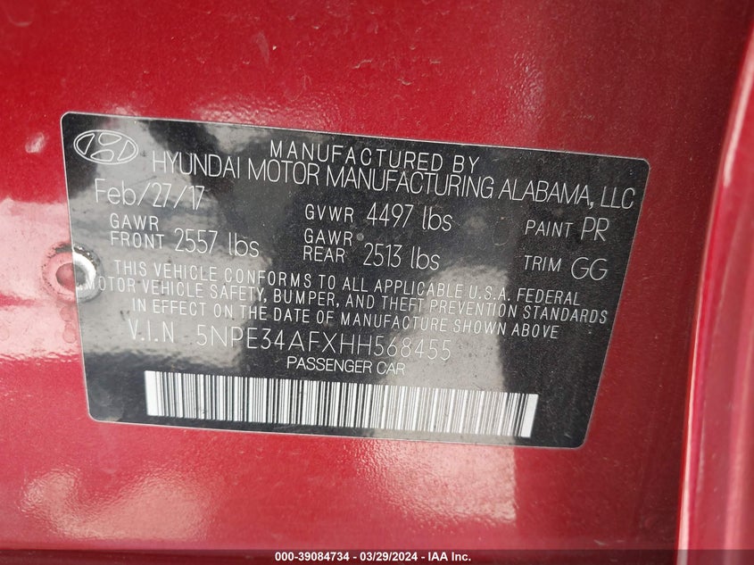 VIN 5NPE34AFXHH568455 2017 HYUNDAI SONATA SPORT/LIMITED