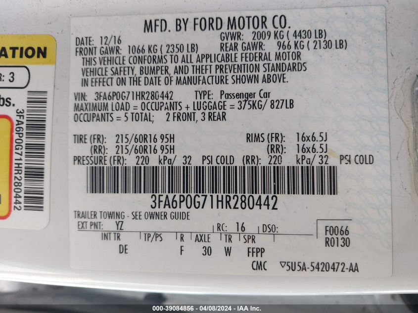 VIN 3FA6P0G71HR280442 2017 FORD FUSION no.9