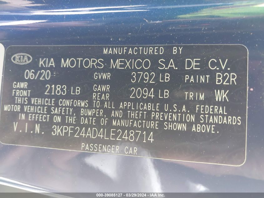 2020 Kia Forte Lxs VIN: 3KPF24AD4LE248714 Lot: 39085127