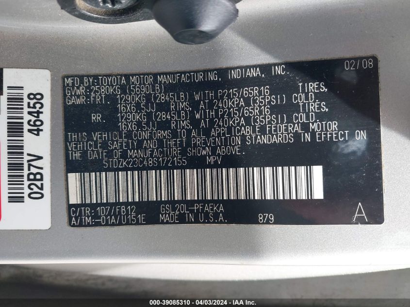 2008 Toyota Sienna Ce VIN: 5TDZK23C48S172155 Lot: 39085310