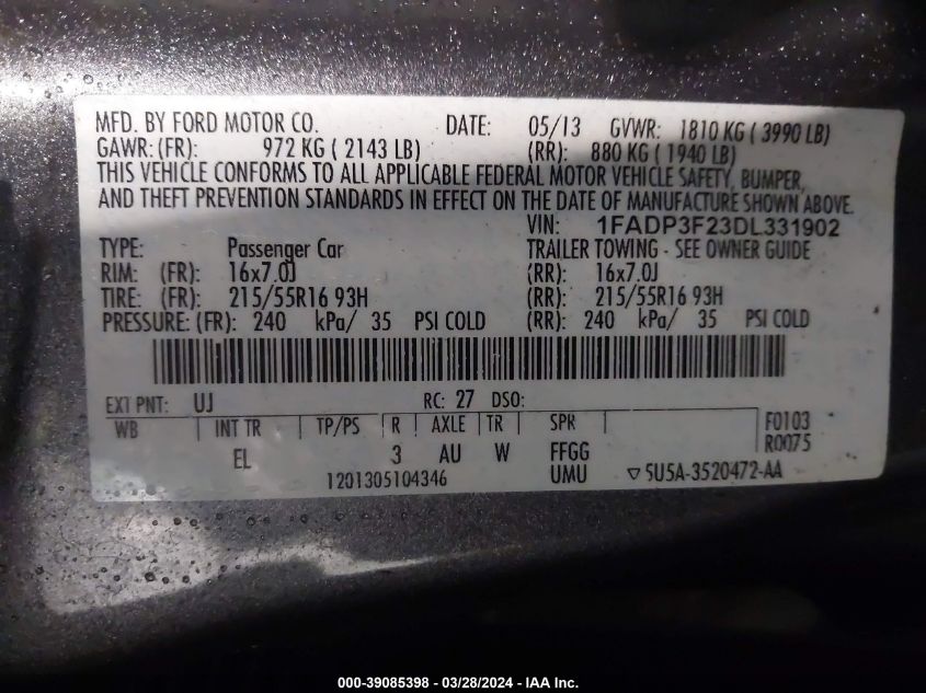 1FADP3F23DL331902 | 2013 FORD FOCUS