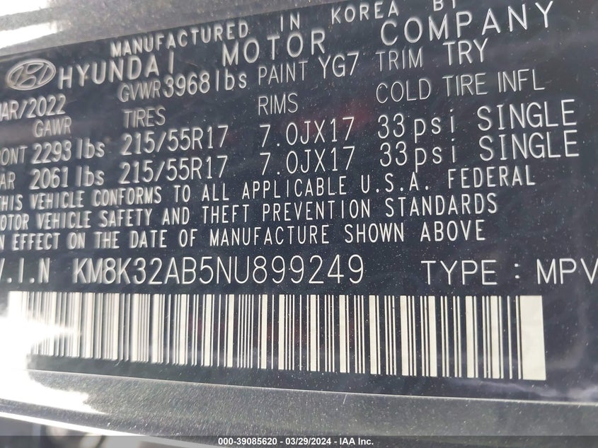 VIN KM8K32AB5NU899249 2022 HYUNDAI KONA SEL