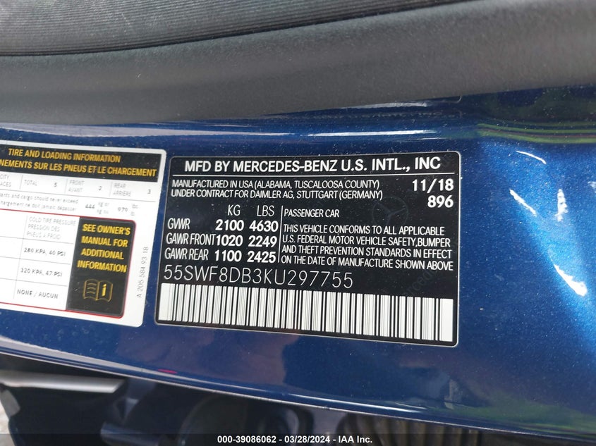 2019 MERCEDES-BENZ C 300 VIN: 55SWF8DB3KU297755