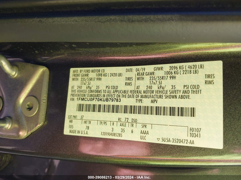 VIN 1FMCU0F70KUB79783 2019 FORD ESCAPE S