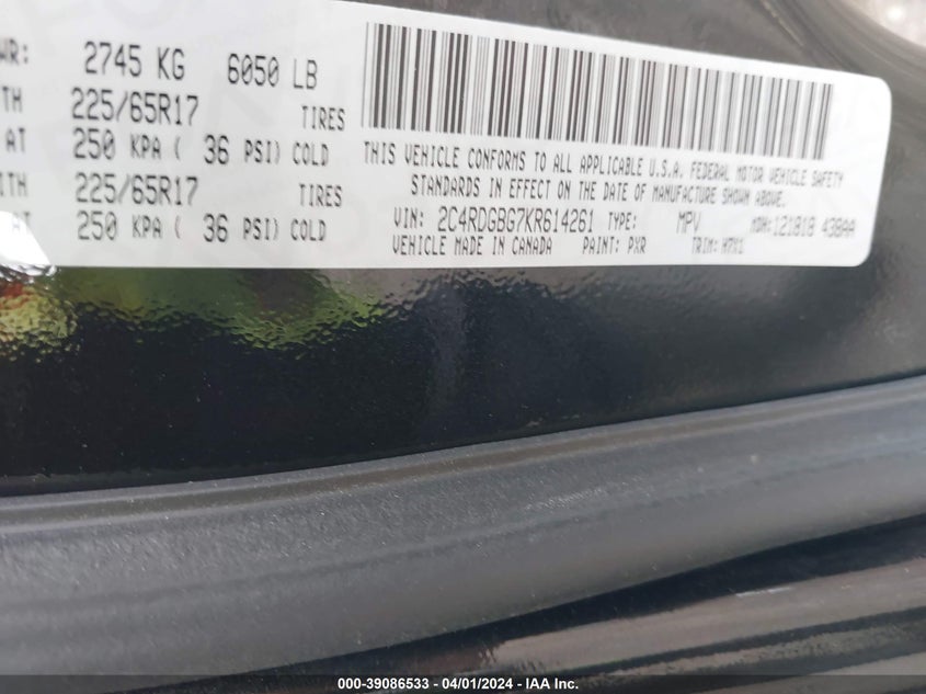 2019 DODGE GRAND CARAVAN SE - 2C4RDGBG7KR614261