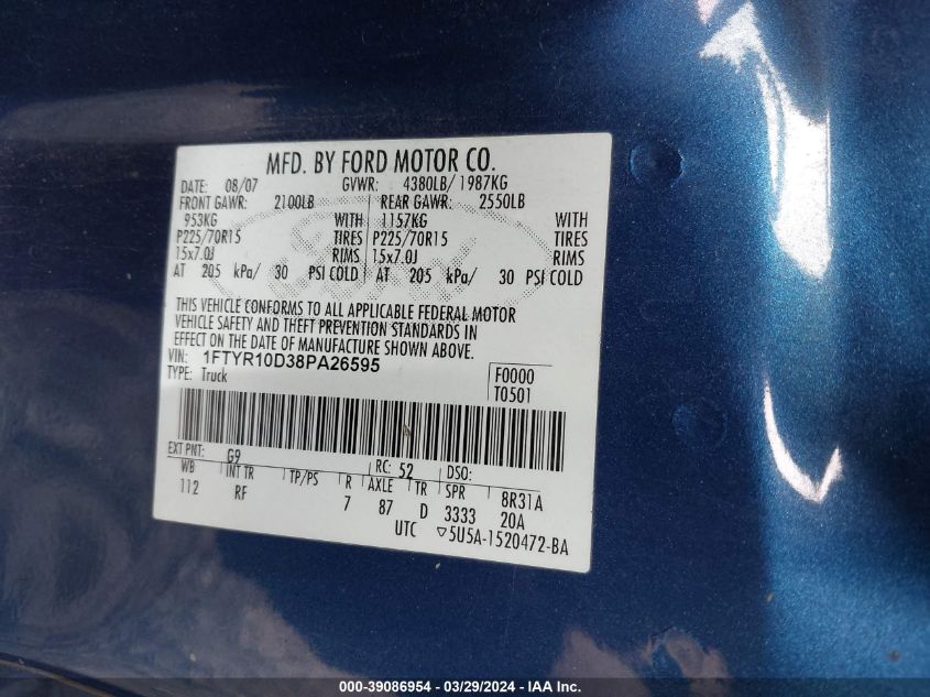 1FTYR10D38PA26595 2008 Ford Ranger Xl/Xlt