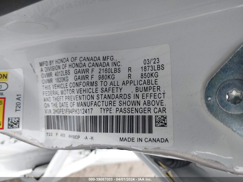 VIN 2HGFE1F94PH312417 2023 HONDA CIVIC TOURING