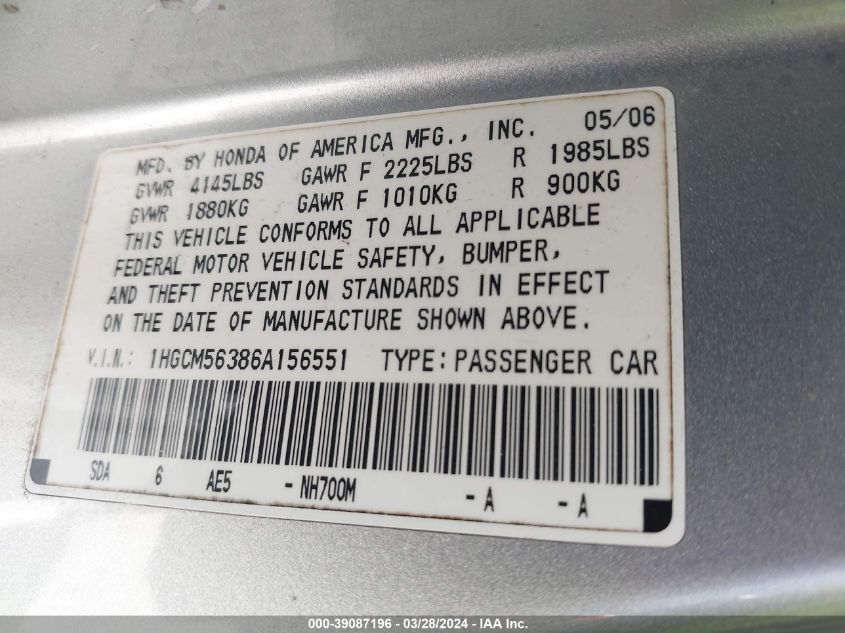 1HGCM56386A156551 | 2006 HONDA ACCORD