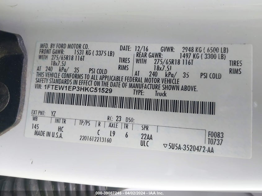 VIN 1FTEW1EP3HKC51529 2017 FORD F-150 LARIAT