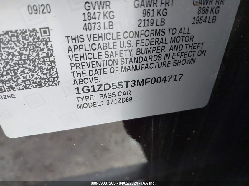 2021 CHEVROLET MALIBU LT - 1G1ZD5ST3MF004717