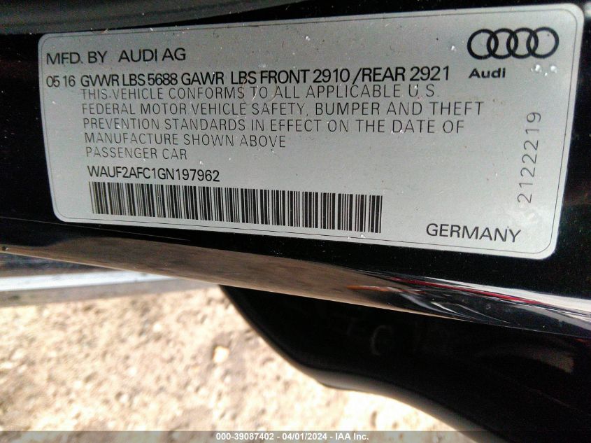 2016 Audi S6 Premium Plus VIN: WAUF2AFC1GN197962 Lot: 39087402