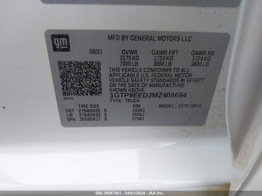 2021 GMC SIERRA 1500 5.3L V-8 DI, VVT, 35(VIN: 1GTP9EED2MZ405694