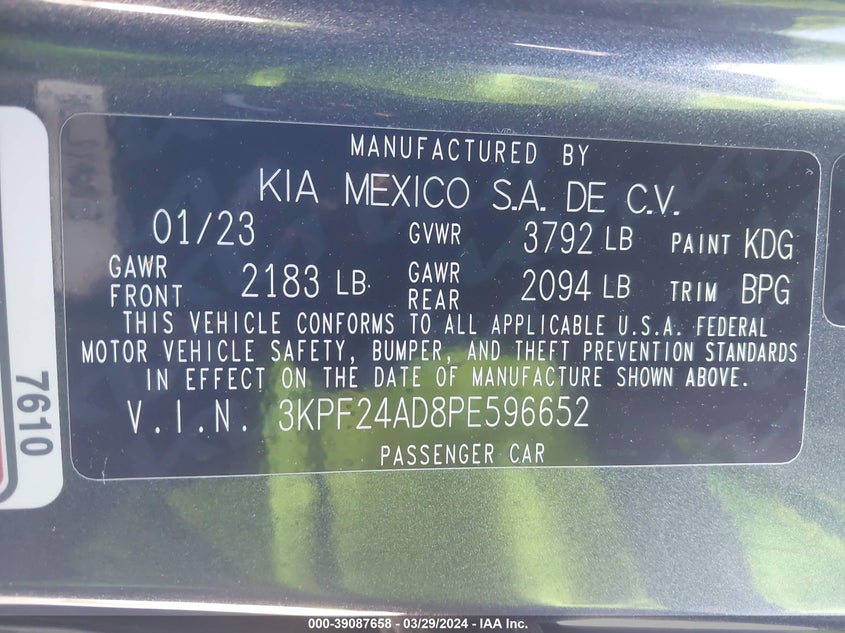 VIN 3KPF24AD8PE596652 2023 KIA FORTE LXS