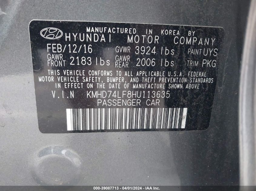 KMHD74LF8HU113635 | 2017 HYUNDAI ELANTRA