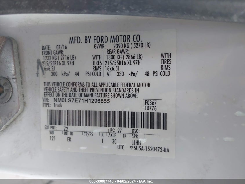 VIN NM0LS7E71H1296655 2017 FORD TRANSIT CONNECT XL