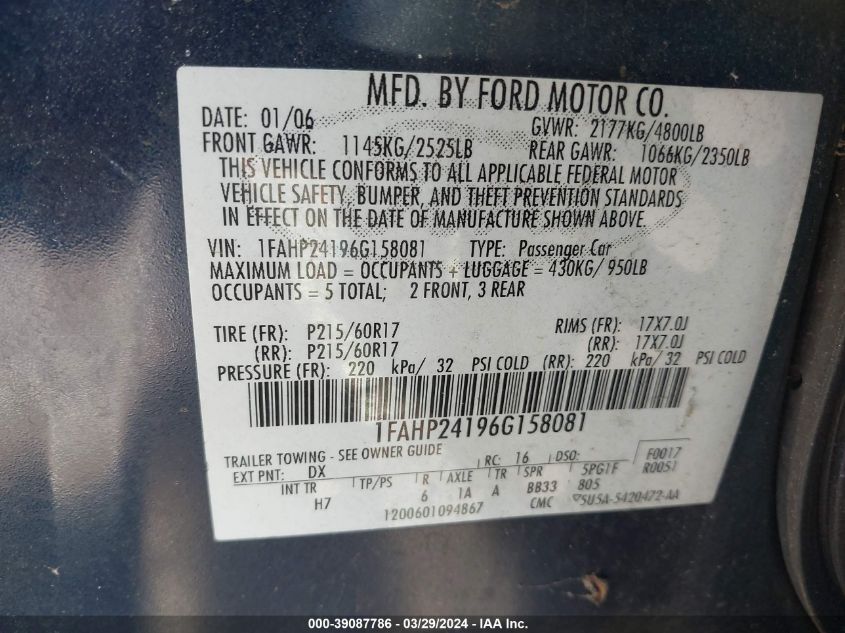 1FAHP24196G158081 | 2006 FORD FIVE HUNDRED