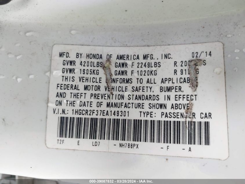 1HGCR2F37EA149301 | 2014 HONDA ACCORD