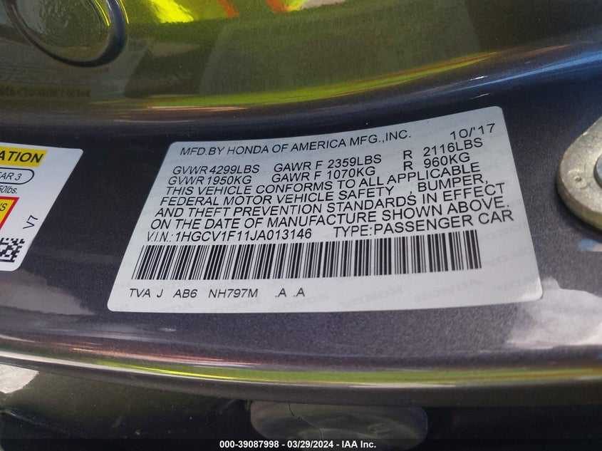 VIN 1HGCV1F11JA013146 2018 HONDA ACCORD LX