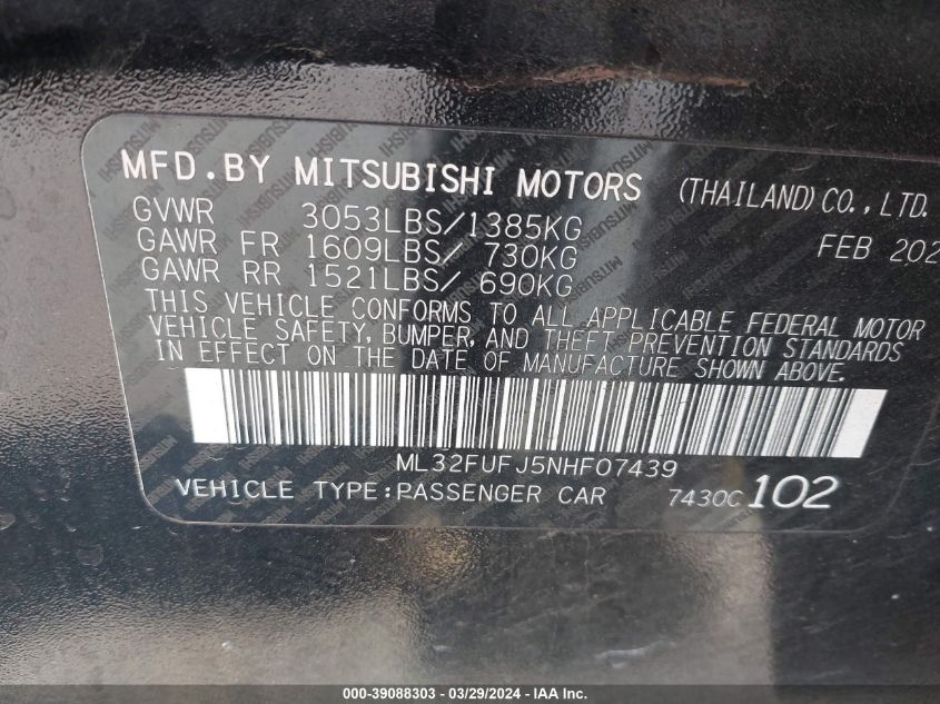 ML32FUFJ5NHF07439 2022 Mitsubishi Mirage G4 Es