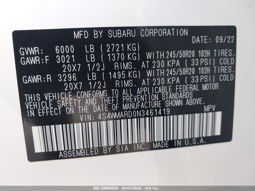 2022 SUBARU ASCENT 2.4L H-4 DI, DOHC, V(VIN: 4S4WMARD0N3461419