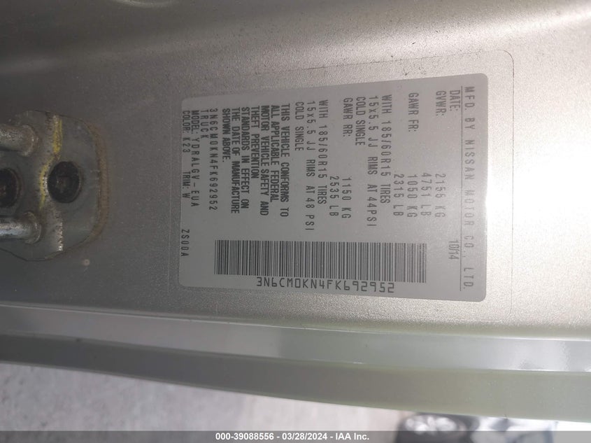 2015 NISSAN NV VIN: 3N6CM0KN4FK692952