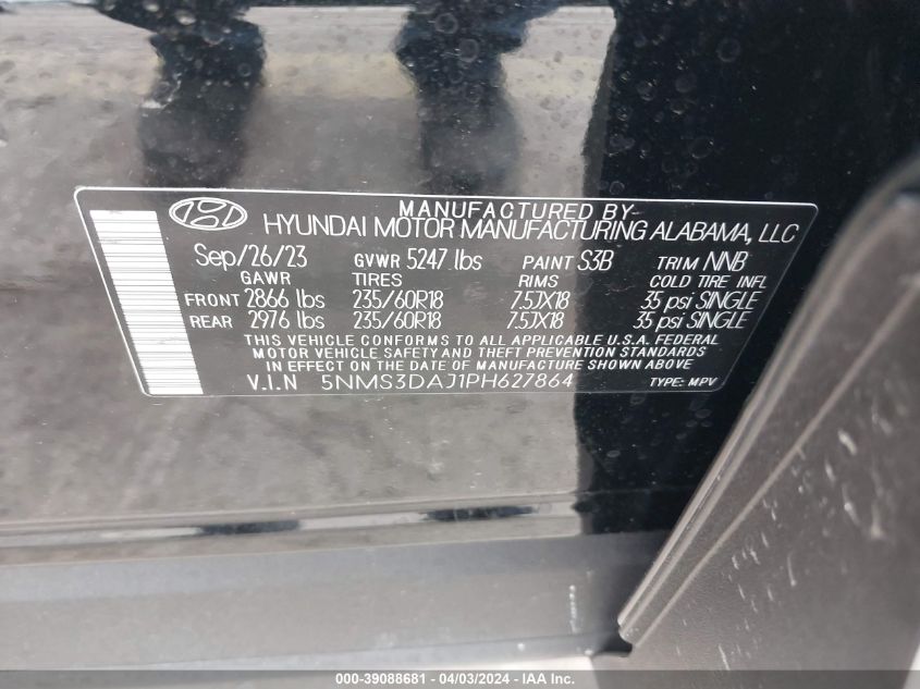 2023 Hyundai Santa Fe Sel VIN: 5NMS3DAJ1PH627864 Lot: 39088681