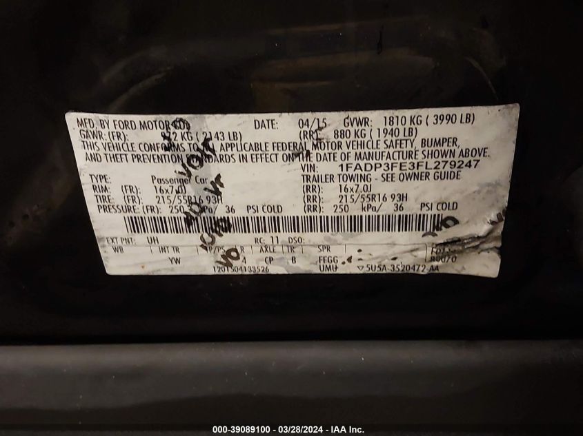 1FADP3FE3FL279247 | 2015 FORD FOCUS