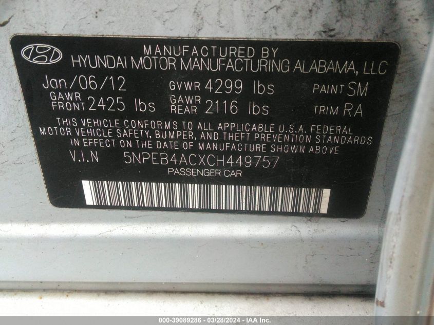 5NPEB4ACXCH449757 | 2012 HYUNDAI SONATA