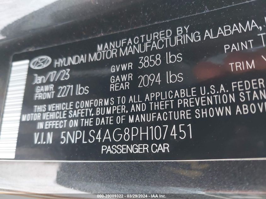 5NPLS4AG8PH107451 | 2023 HYUNDAI ELANTRA