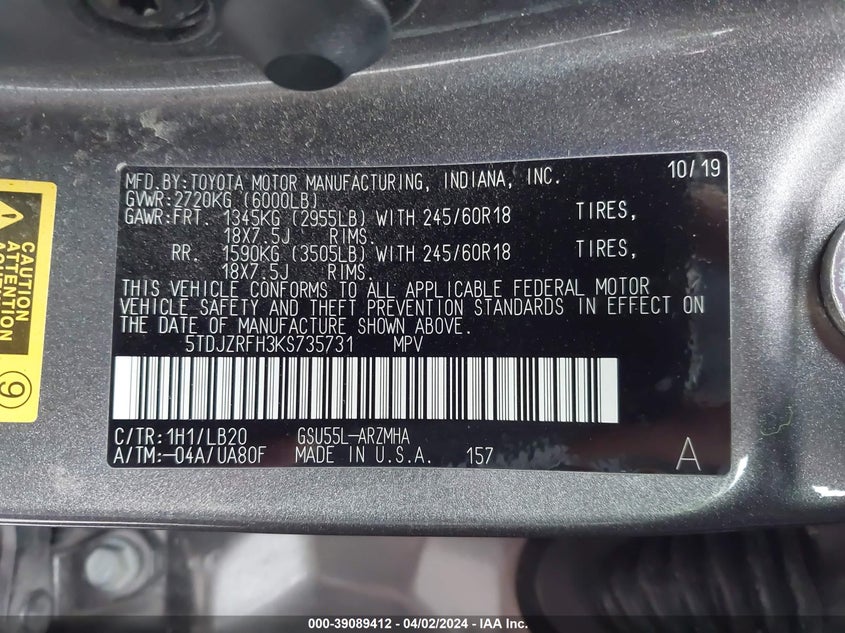 2019 TOYOTA HIGHLANDER VIN: 5TDJZRFH3KS735731