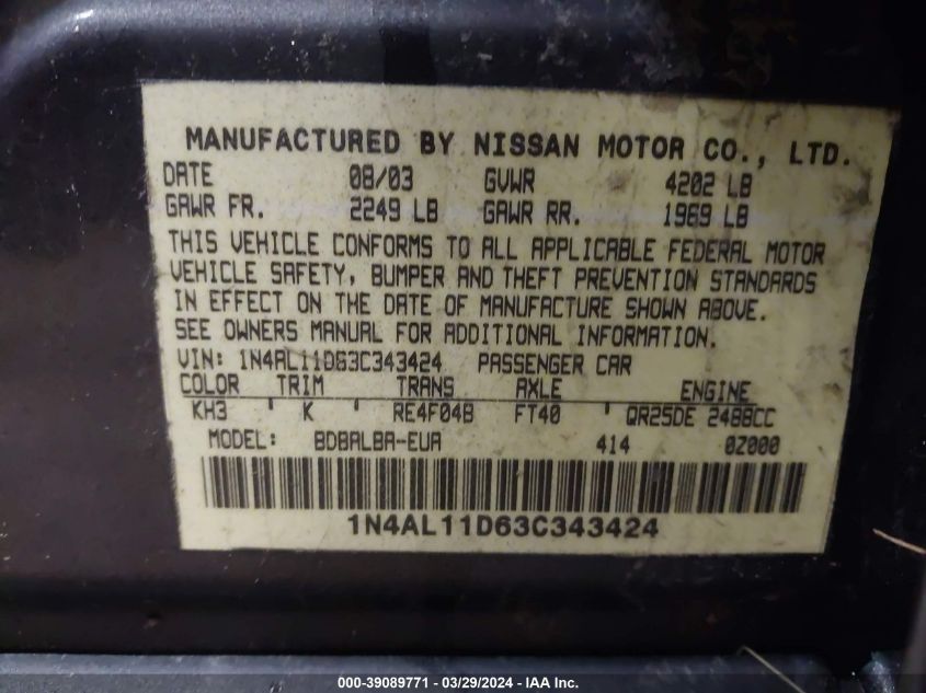 1N4AL11D63C343424 | 2003 NISSAN ALTIMA