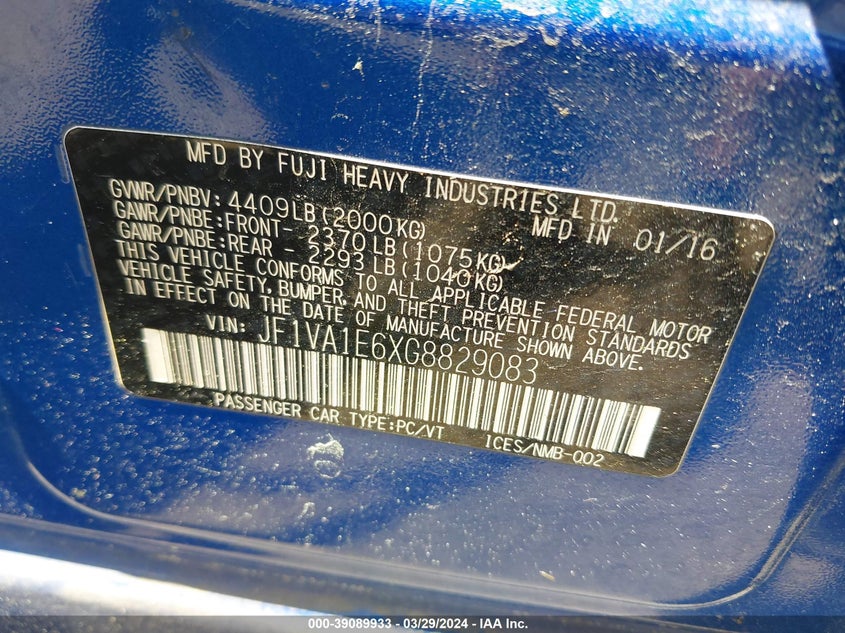 2016 SUBARU WRX PREMIUM - JF1VA1E6XG8829083