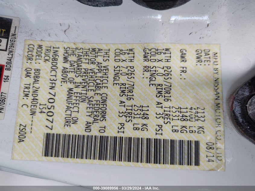 2015 NISSAN FRONTIER SV-I4 - 1N6BD0CT3FN705077