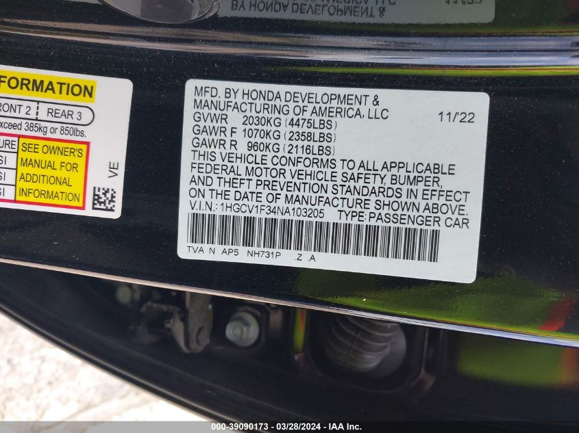 1HGCV1F34NA103205 | 2022 HONDA ACCORD