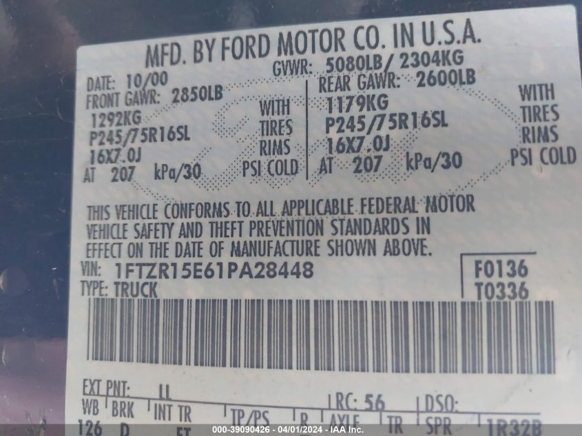 1FTZR15E61PA28448 2001 Ford Ranger Edge/Xlt