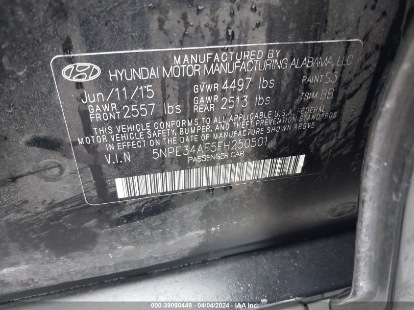 2015 Hyundai Sonata Sport VIN: 5NPE34AF5FH250501 Lot: 39090449