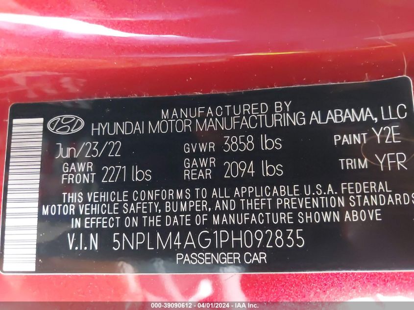 2023 Hyundai Elantra Sel VIN: 5NPLM4AG1PH092835 Lot: 39090612