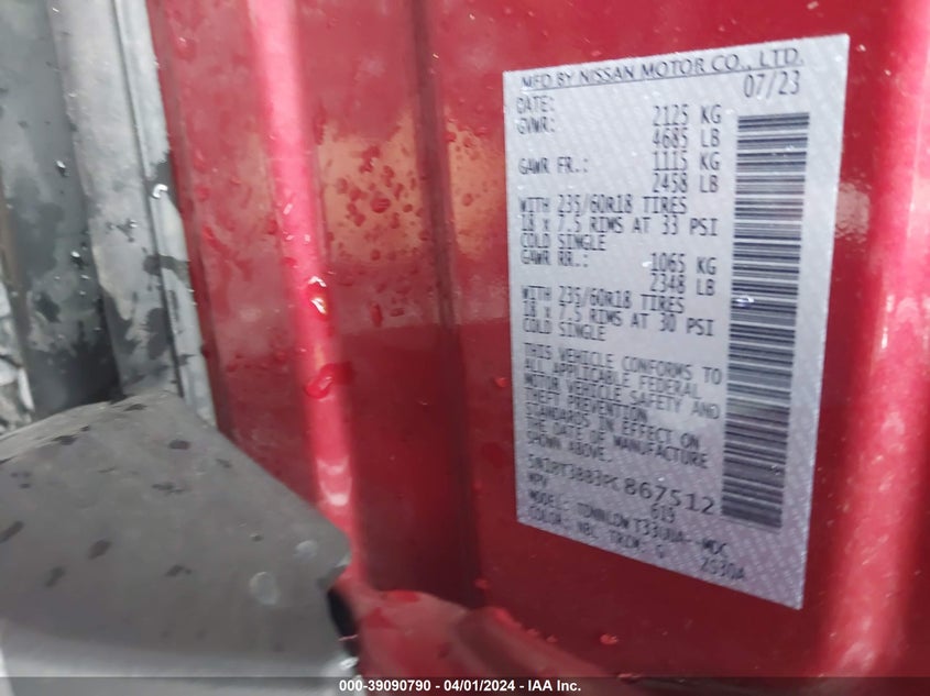 2023 NISSAN ROGUE 1.5L I-3 DI, DOHC, V(VIN: 5N1BT3BB3PC867512