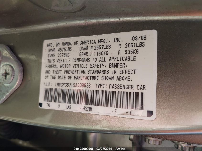 1HGCP36719A009636 | 2009 HONDA ACCORD