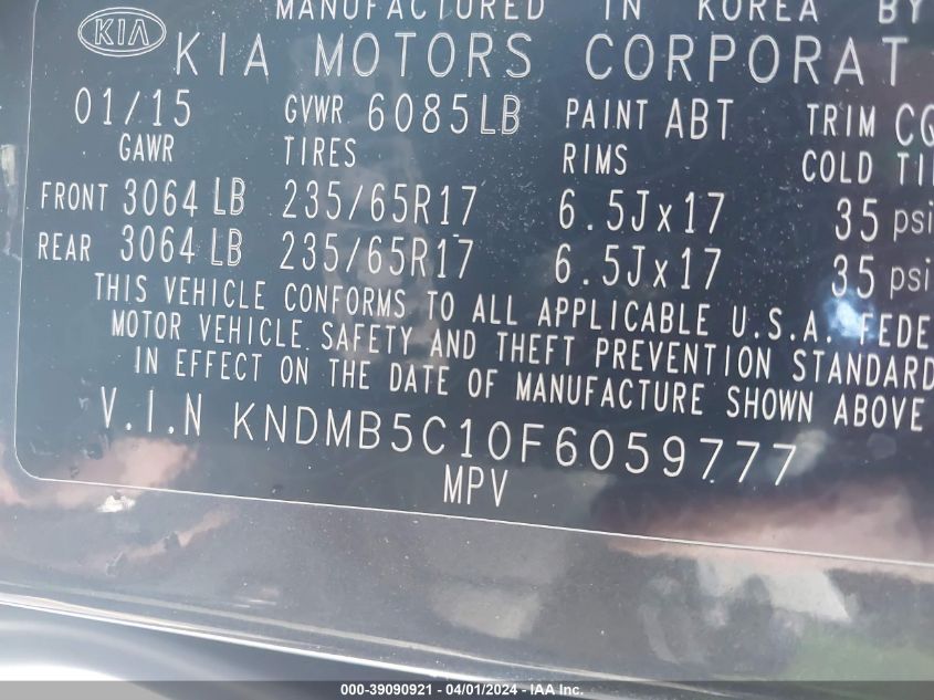 KNDMB5C10F6059777 2015 Kia Sedona Lx