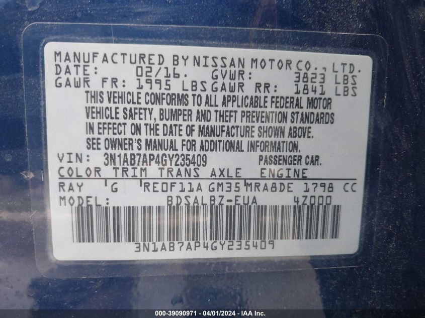 2016 Nissan Sentra S VIN: 3N1AB7AP4GY235409 Lot: 39090971