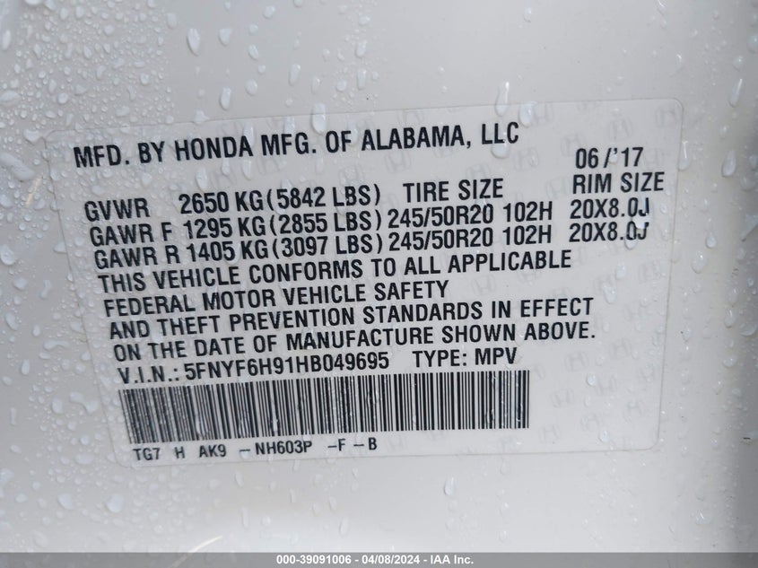 2017 HONDA PILOT TOURING - 5FNYF6H91HB049695