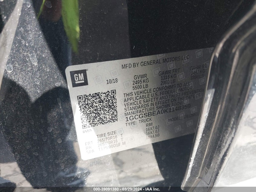 2019 CHEVROLET COLORADO VIN: 1GCGSBEA0K1148359