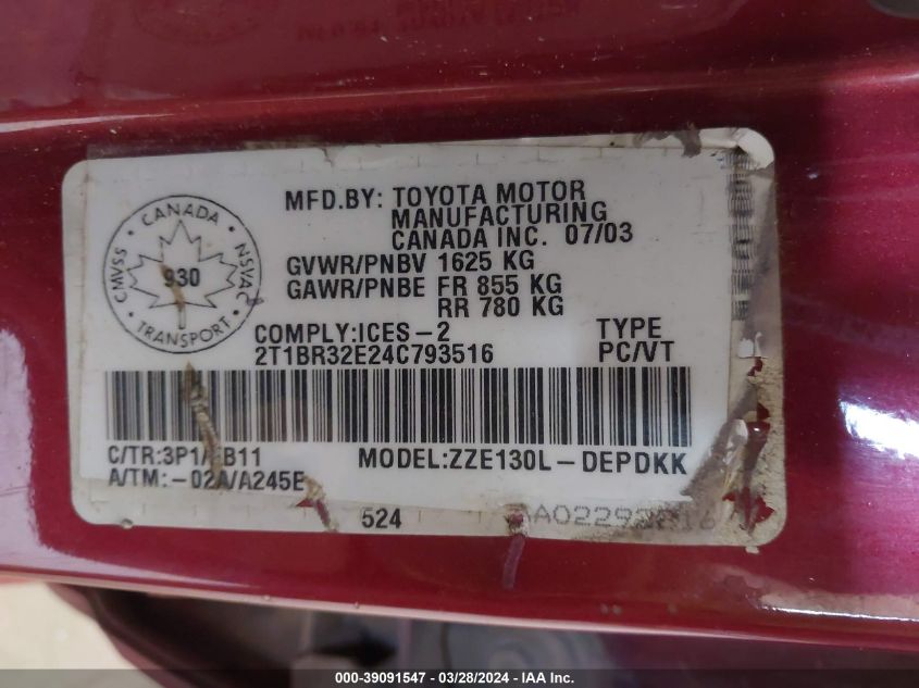 2T1BR32E24C793516 | 2004 TOYOTA COROLLA