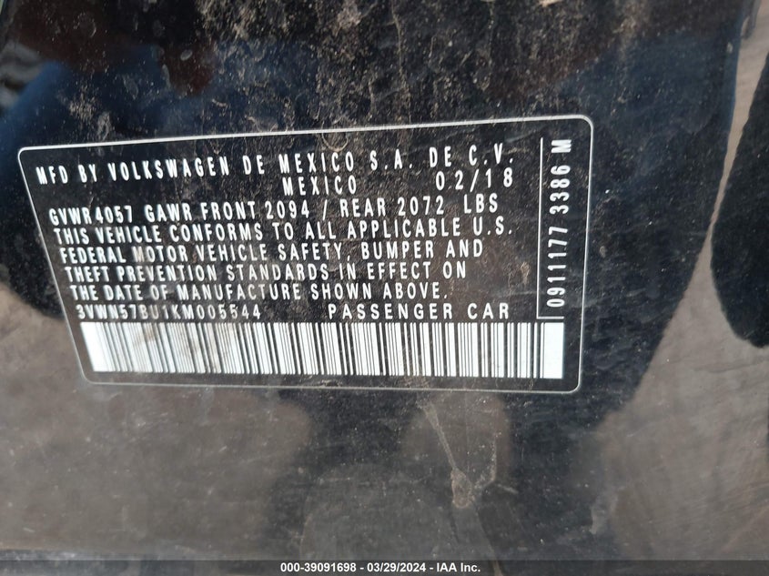 VIN 3VWN57BU1KM005544 2019 VOLKSWAGEN JETTA S