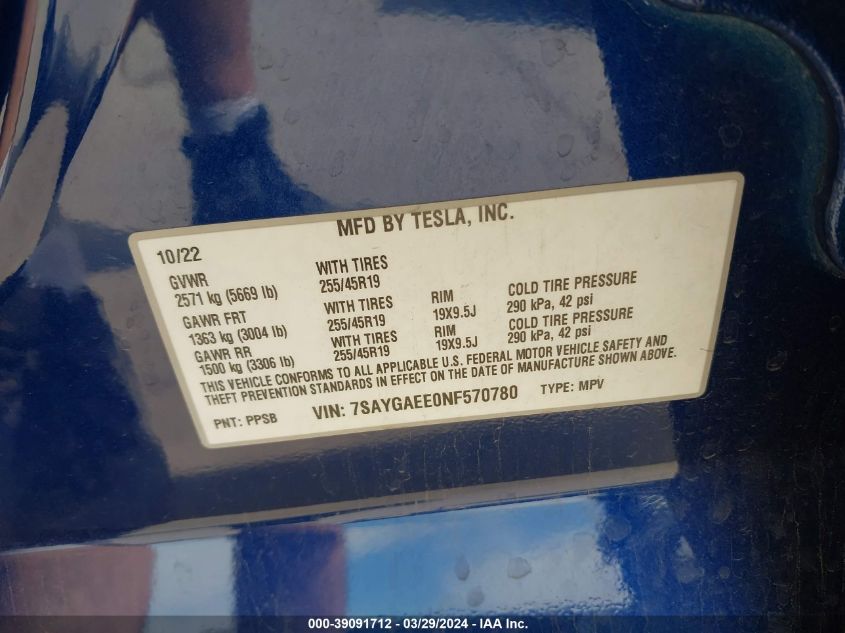 2022 Tesla Model Y Long Range Dual Motor All-Wheel Drive VIN: 7SAYGAEE0NF570780 Lot: 39091712