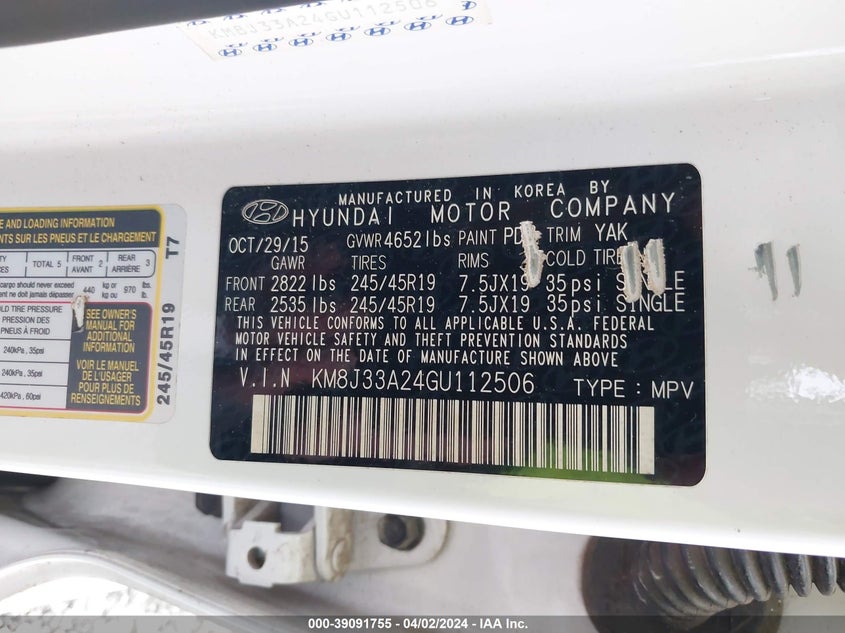 2016 HYUNDAI TUCSON LIMITED/SPORT AND ECO/SE - KM8J33A24GU112506