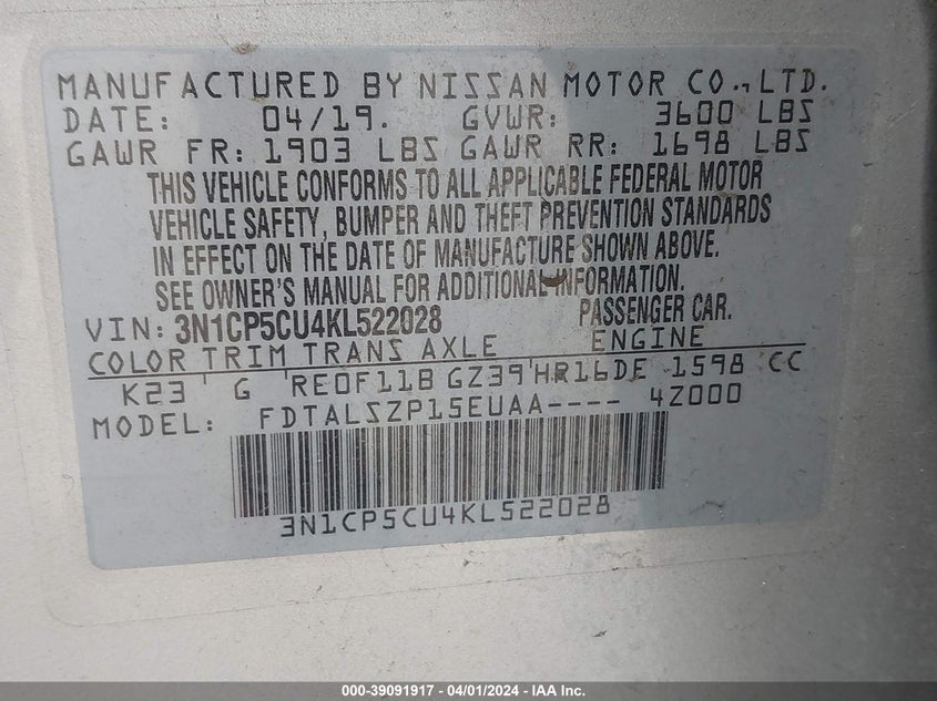 VIN 3N1CP5CU4KL522028 2019 NISSAN KICKS S/SR/SV