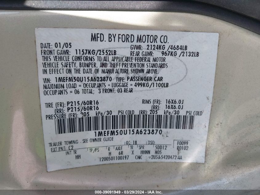 1MEFM50U15A623870 | 2005 MERCURY SABLE